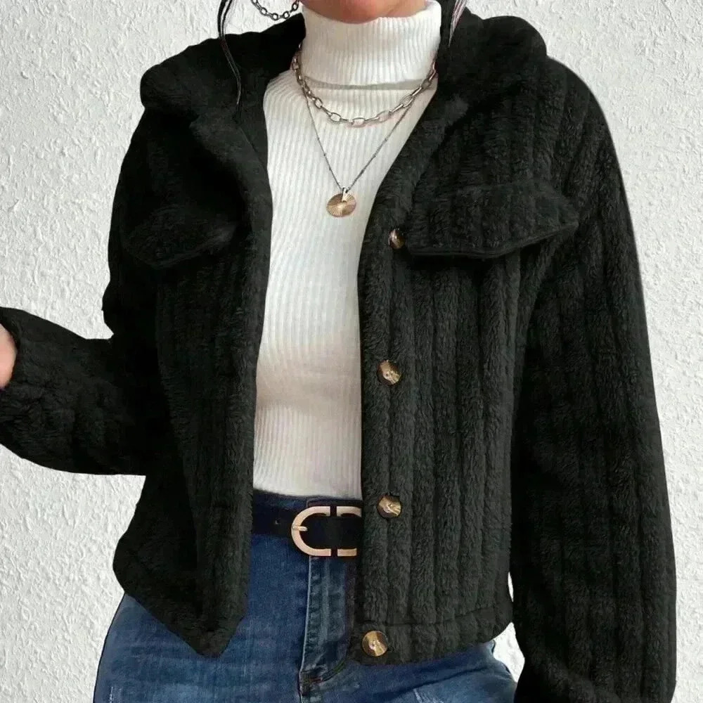 Black Casual Women's Flap Detail Button Front Flannel Jacket - Picture 6 of 6